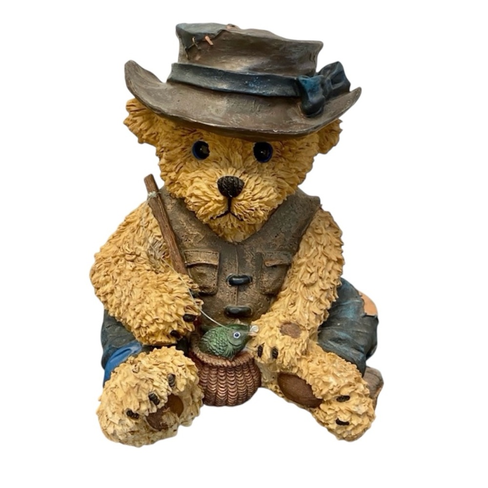 Vintage 11” Young’s Resin Fishing Bear Collectable Figurine with fish in basket